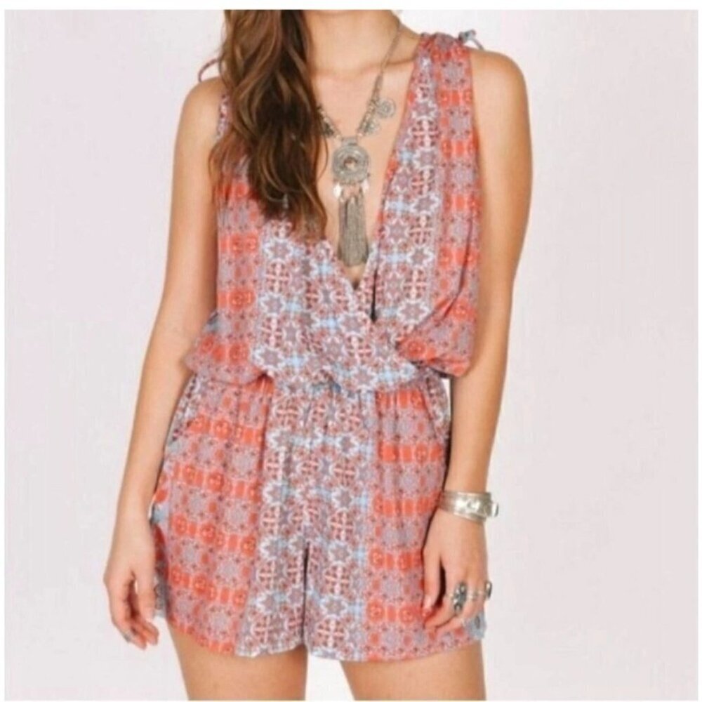Raga Anthropologie Women's Sleeveless V-Neck Wrap Boho Romper Vibrant Multicolor
